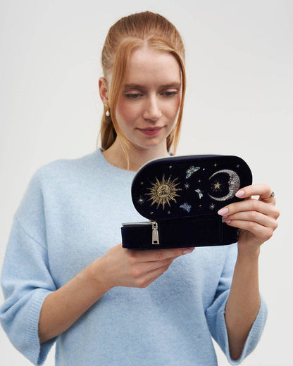 Night Sky Embroidered Oval Jewelry Box in Navy Velvet