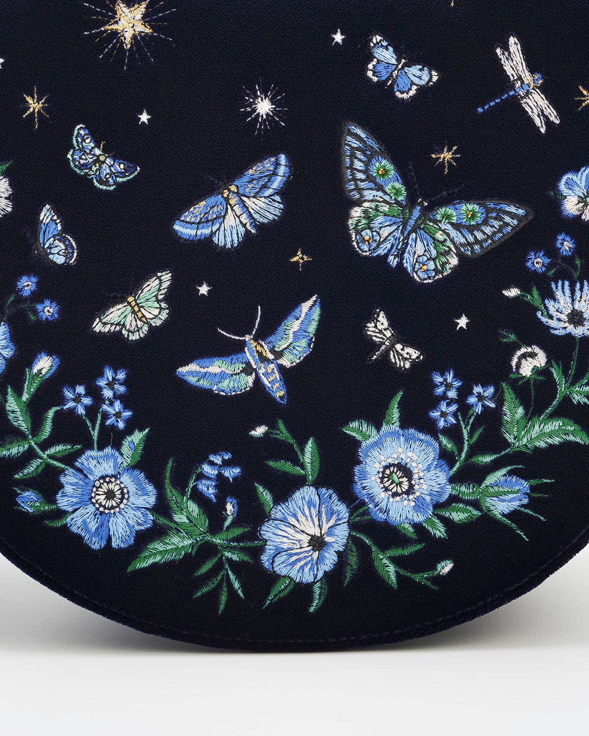 Charlotte Butterfly Embroidered Saddle Bag in Navy Velvet