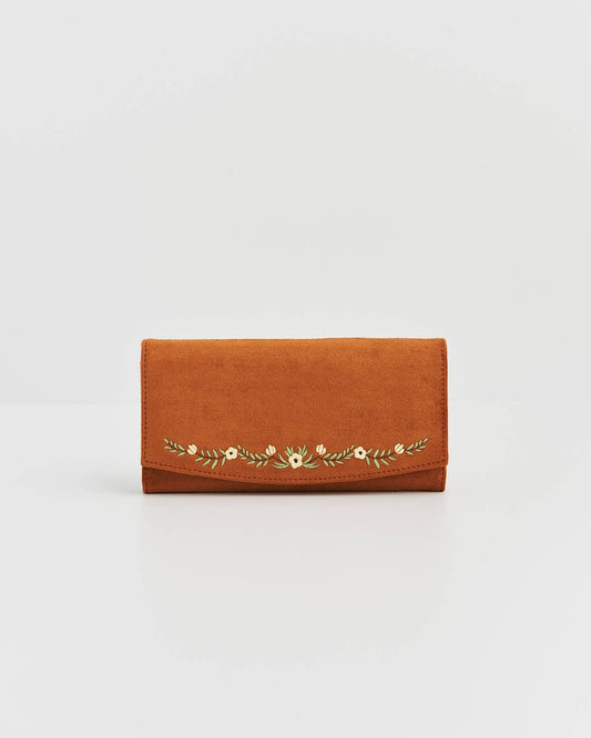 Floral Tan Faux Suede Embroidered Wallets