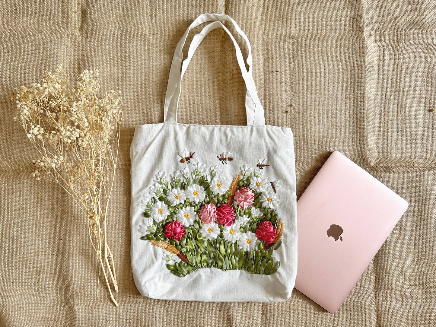 White Linen Tote Bag With Flower Garden Ribbon Embroidery