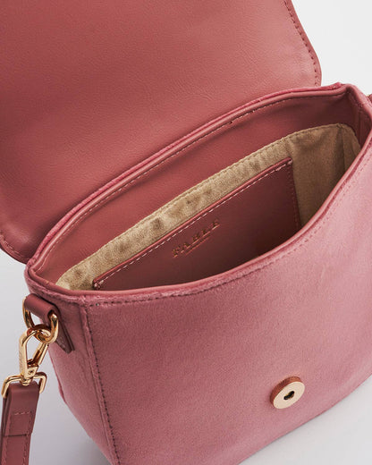 Beth Floral Posy Embroidered Saddle Bag in Rose Pink Velvet