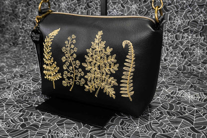 Black and Gold Forest Ferns Small Crossbody Bag – Handmade, Vegan Leather, Gold Embroidery, Brass Hardware