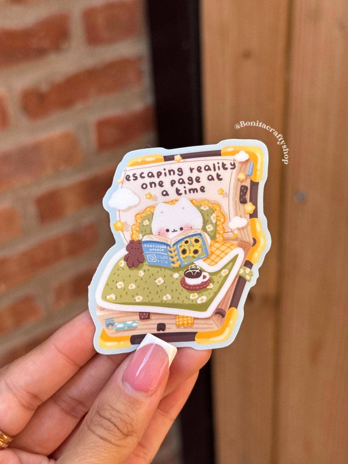 Cozy Kawaii Cat Reading Waterproof Matte Sticker