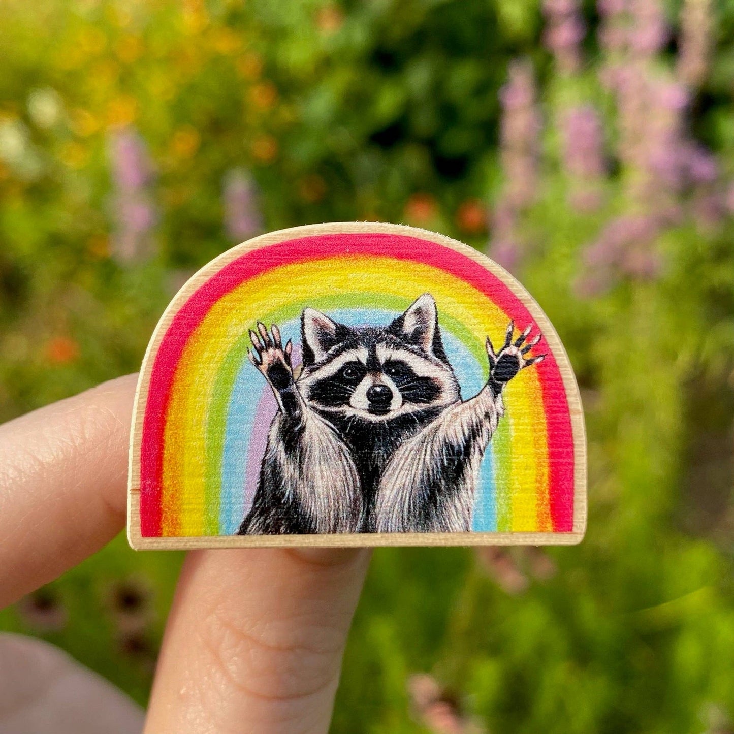 Rainbow Raccoon Wooden Pin  (Sustainably Sourced)