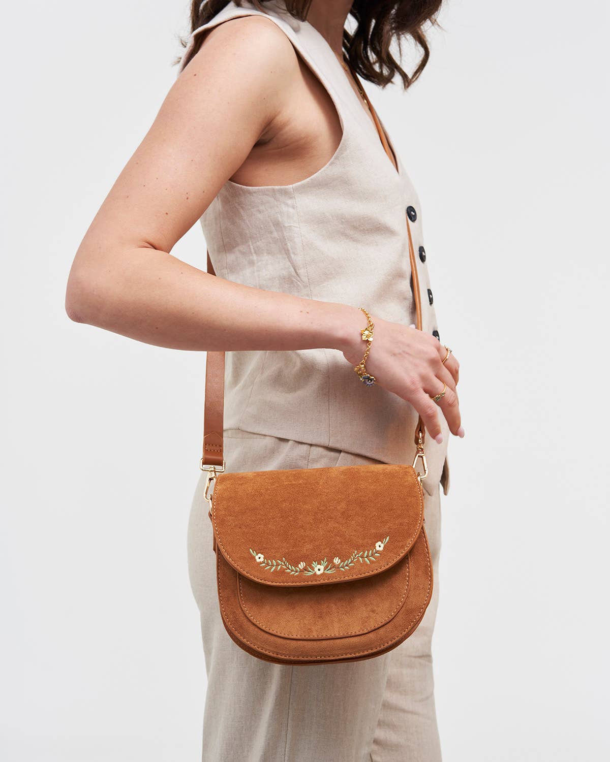 Floral Tan Faux Suede Embroidered Saddle Bag