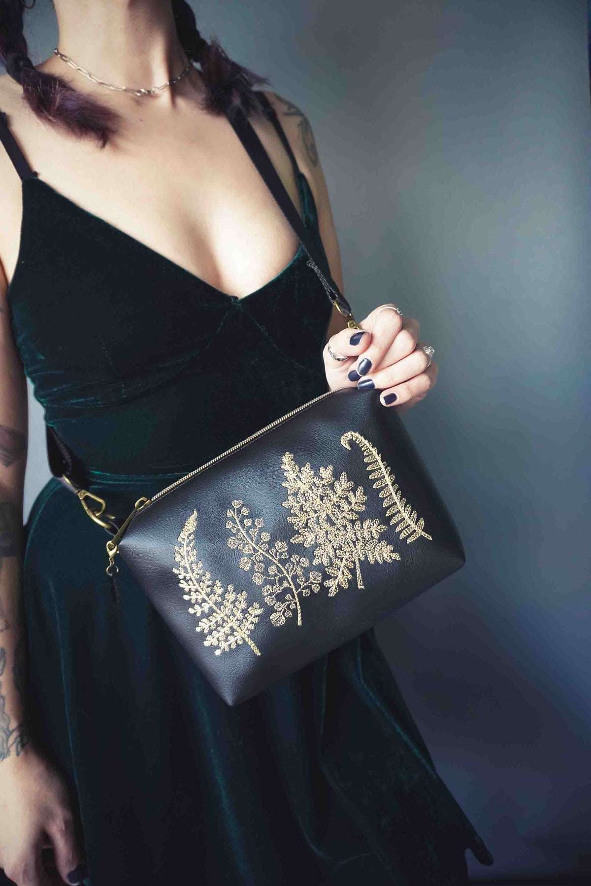 Black and Gold Forest Ferns Small Crossbody Bag – Handmade, Vegan Leather, Gold Embroidery, Brass Hardware