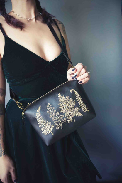 Black and Gold Forest Ferns Small Crossbody Bag – Handmade, Vegan Leather, Gold Embroidery, Brass Hardware