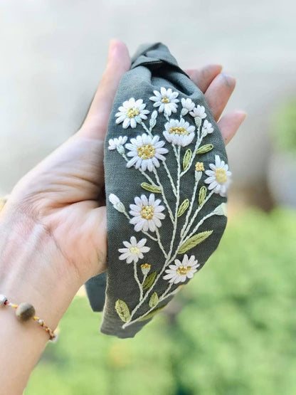 Floral Embroidered Linen Knot Turban-Style Headband