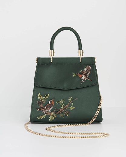 FABLE Robin Love Embroidered Green Satin Tote