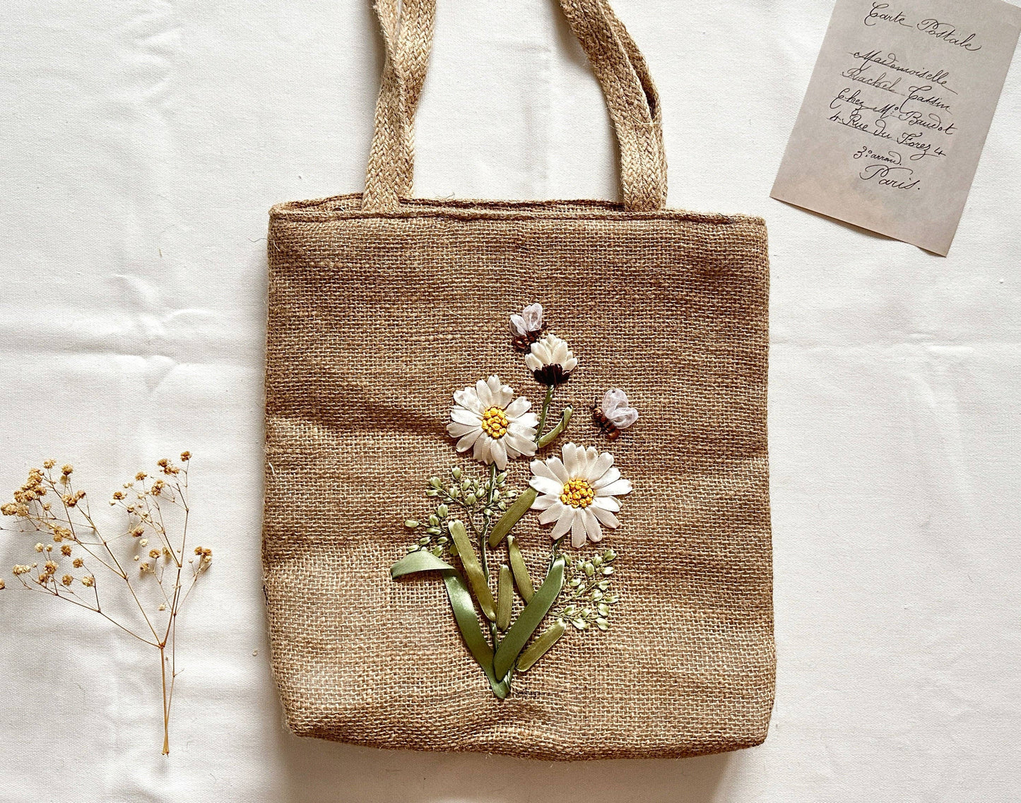 Ribbon Embroidered Daisy Branch Jute Tote Bag