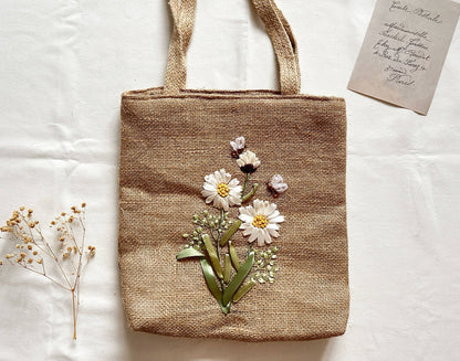 Ribbon Embroidered Daisy Branch Jute Tote Bag