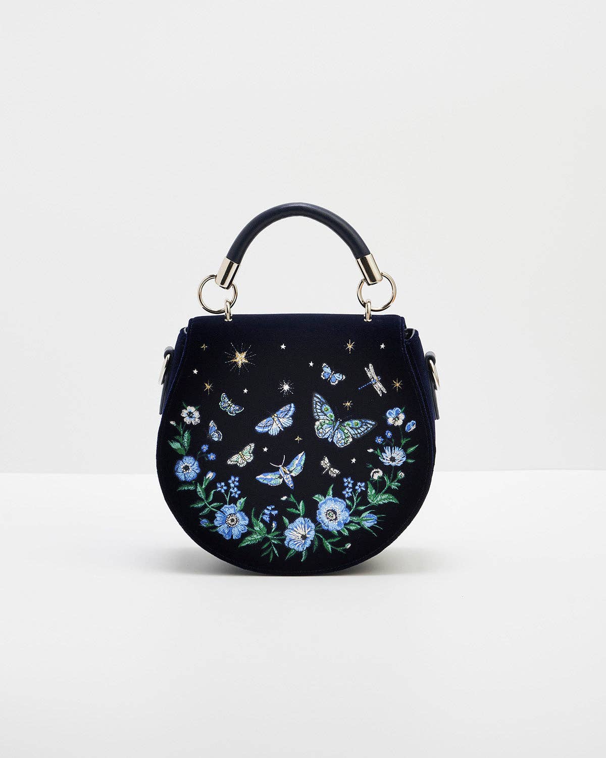 Charlotte Butterfly Embroidered Saddle Bag in Navy Velvet