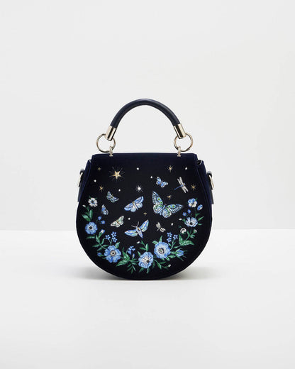 Charlotte Butterfly Embroidered Saddle Bag in Navy Velvet