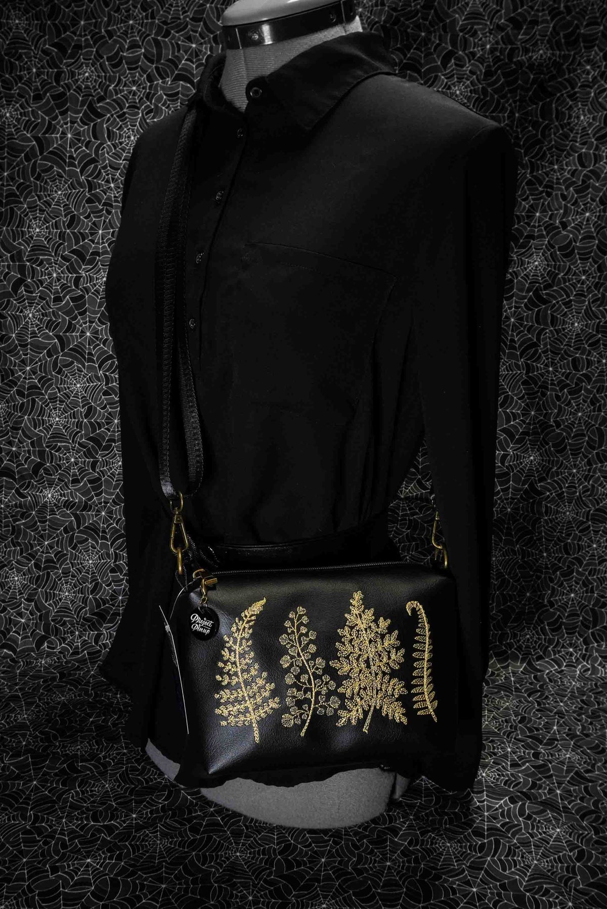 Black and Gold Forest Ferns Small Crossbody Bag – Handmade, Vegan Leather, Gold Embroidery, Brass Hardware
