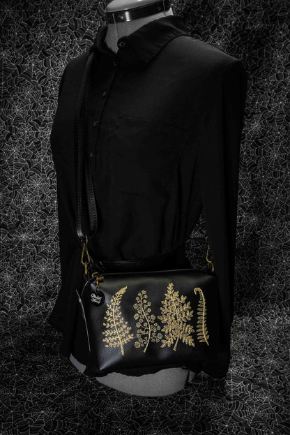 Black and Gold Forest Ferns Small Crossbody Bag – Handmade, Vegan Leather, Gold Embroidery, Brass Hardware