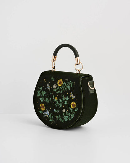 Sunflower Green Velvet Embroidered Top Handle Bag