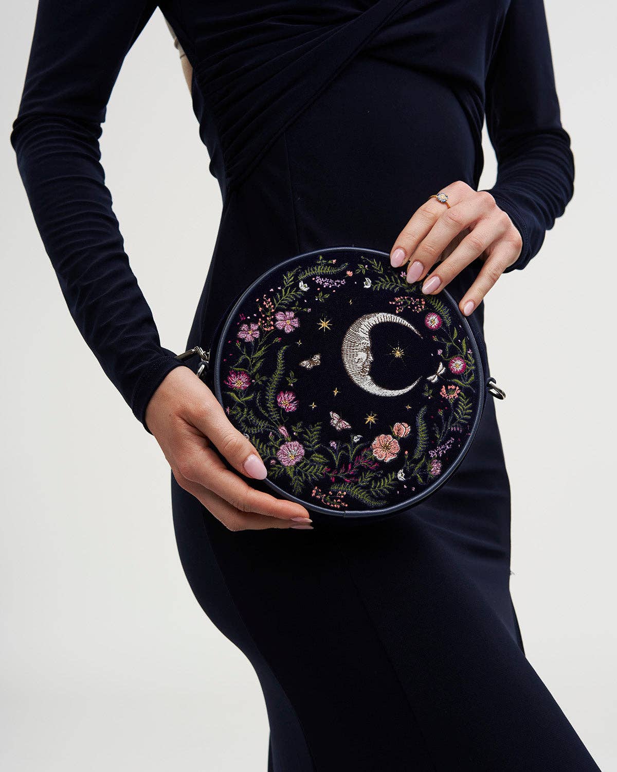 Chloe Midnight Garden Embroidered Circle Bag in Navy Velvet