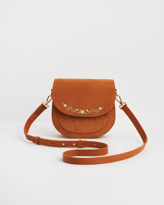 Floral Tan Faux Suede Embroidered Saddle Bag