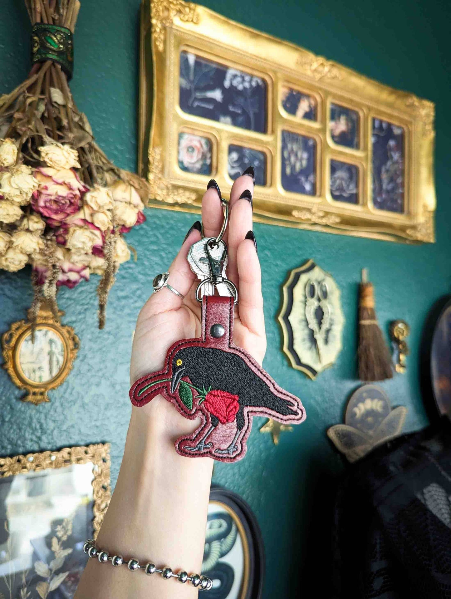 Raven and Rose Embroidered Keychain - Deep Red Faux Leather with Gunmetal Hardware