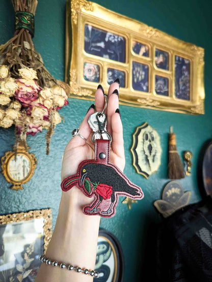 Raven and Rose Embroidered Keychain - Deep Red Faux Leather with Gunmetal Hardware