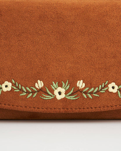 Floral Tan Faux Suede Embroidered Wallets