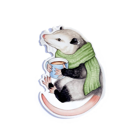 Cozy Opossum with Mug Weatherproof Vinyl Sticker