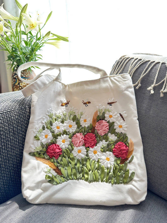 White Linen Tote Bag With Flower Garden Ribbon Embroidery