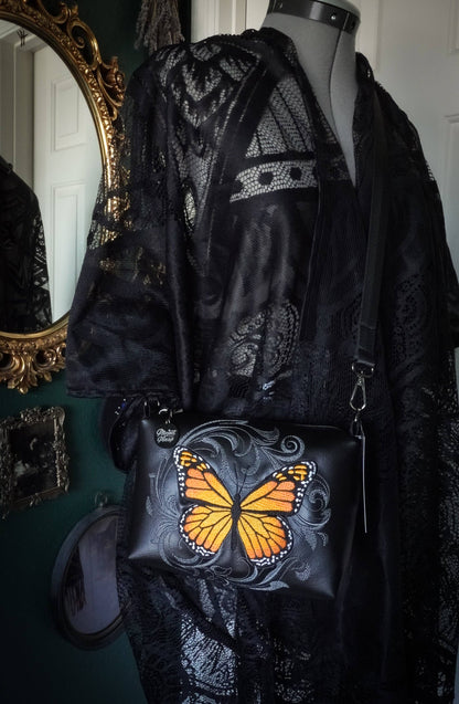 Baroque Monarch Butterfly Small Crossbody Bag – Handmade, Vegan Leather, Colorful Embroidery, Gunmetal Hardware