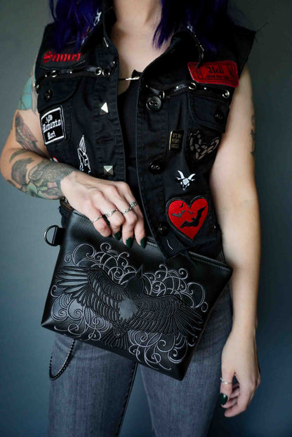 Filigree Raven Black Cosmetic Bag - Handmade, Vegan Leather, Gunmetal Hardware