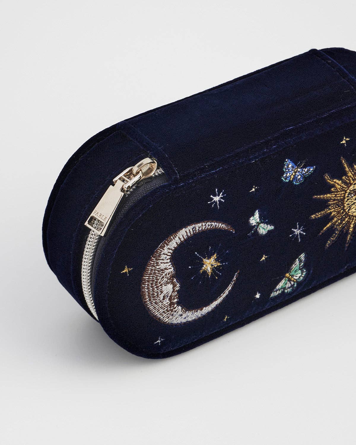Night Sky Embroidered Oval Jewelry Box in Navy Velvet