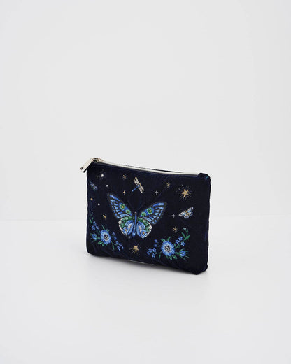 Butterfly Embroidered Pouch in Navy Velvet