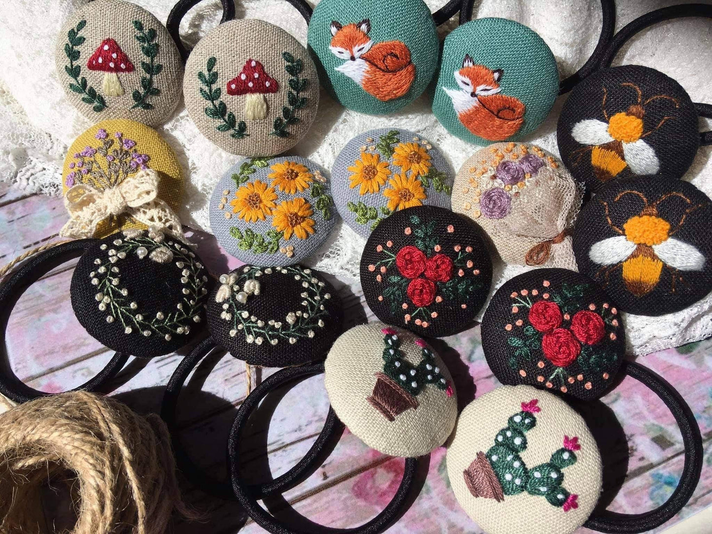 Embroidered Button Hair Tie