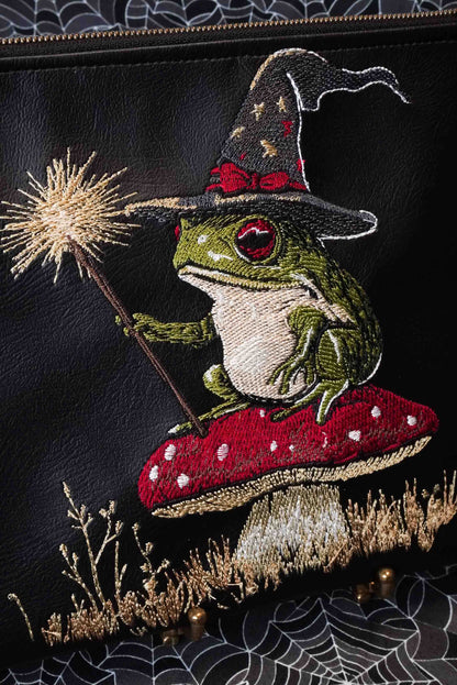Frog Witch Black Flat Zip Pouch with Brass Hardware