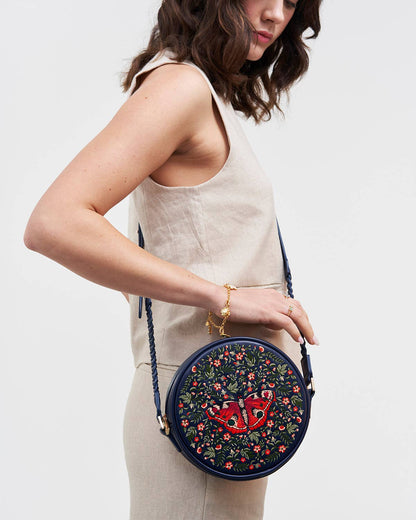 Red Admiral Moth - Navy Embroidered Circle Bag