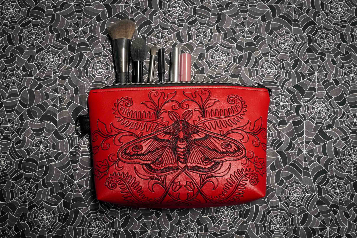 Forest Moth Cosmetic Bag - Handmade, Vegan Leather, Gunmetal Hardware