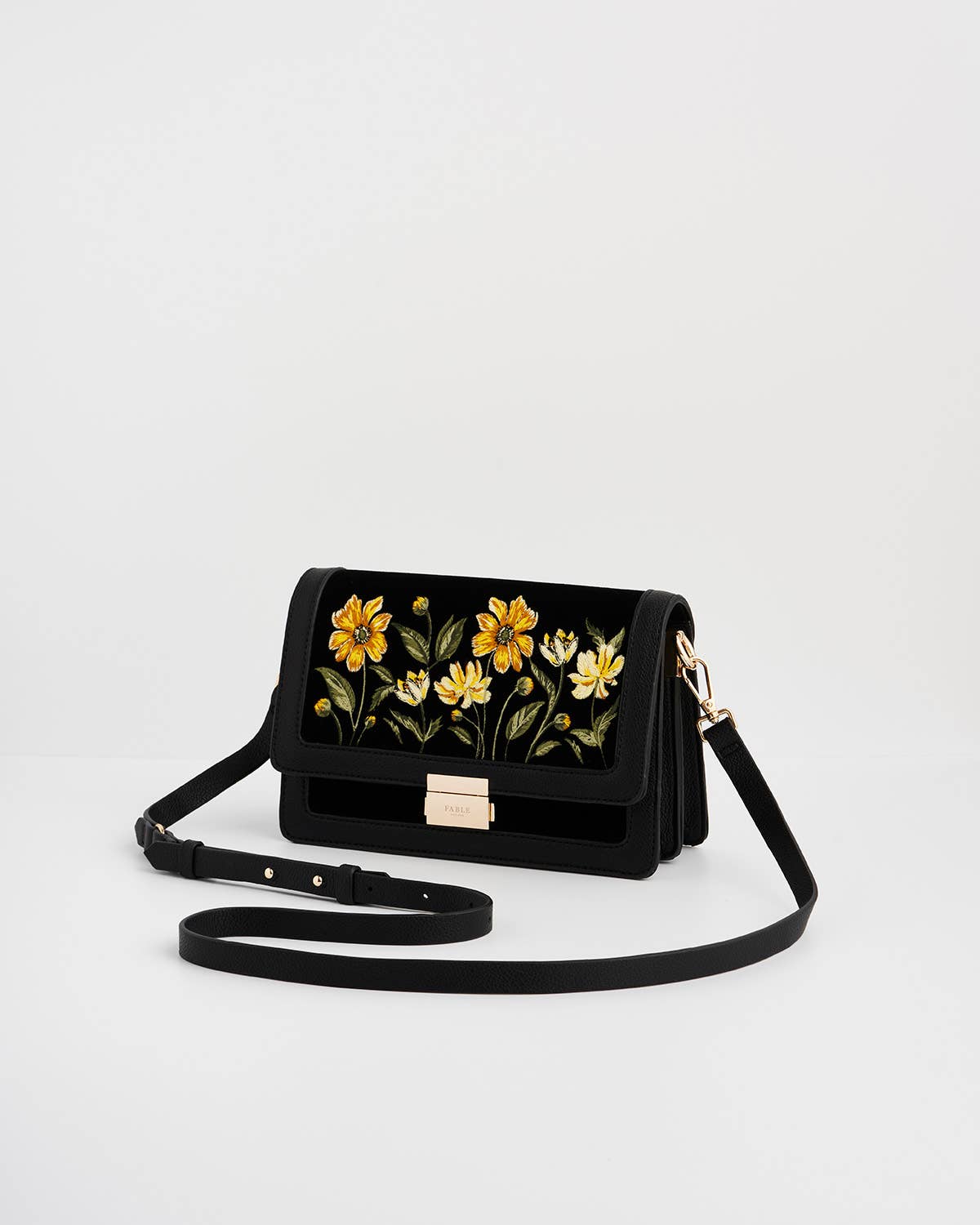 Botanical Black Velvet Embroidered Foldover Bag
