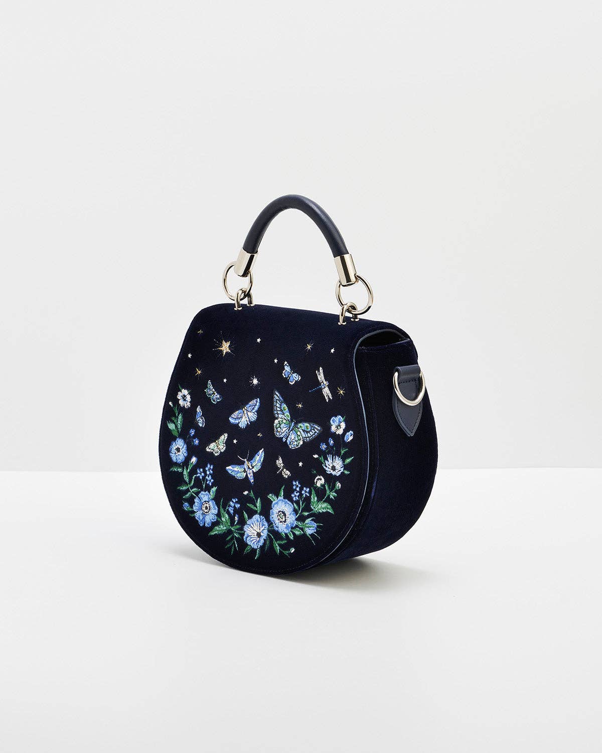 Charlotte Butterfly Embroidered Saddle Bag in Navy Velvet