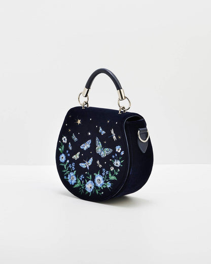 Charlotte Butterfly Embroidered Saddle Bag in Navy Velvet