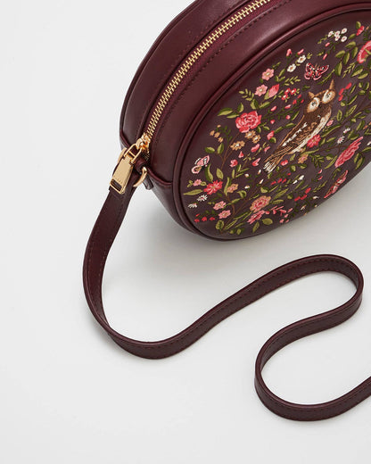 Chloe Owl Embroidered Circle Bag in Burgundy