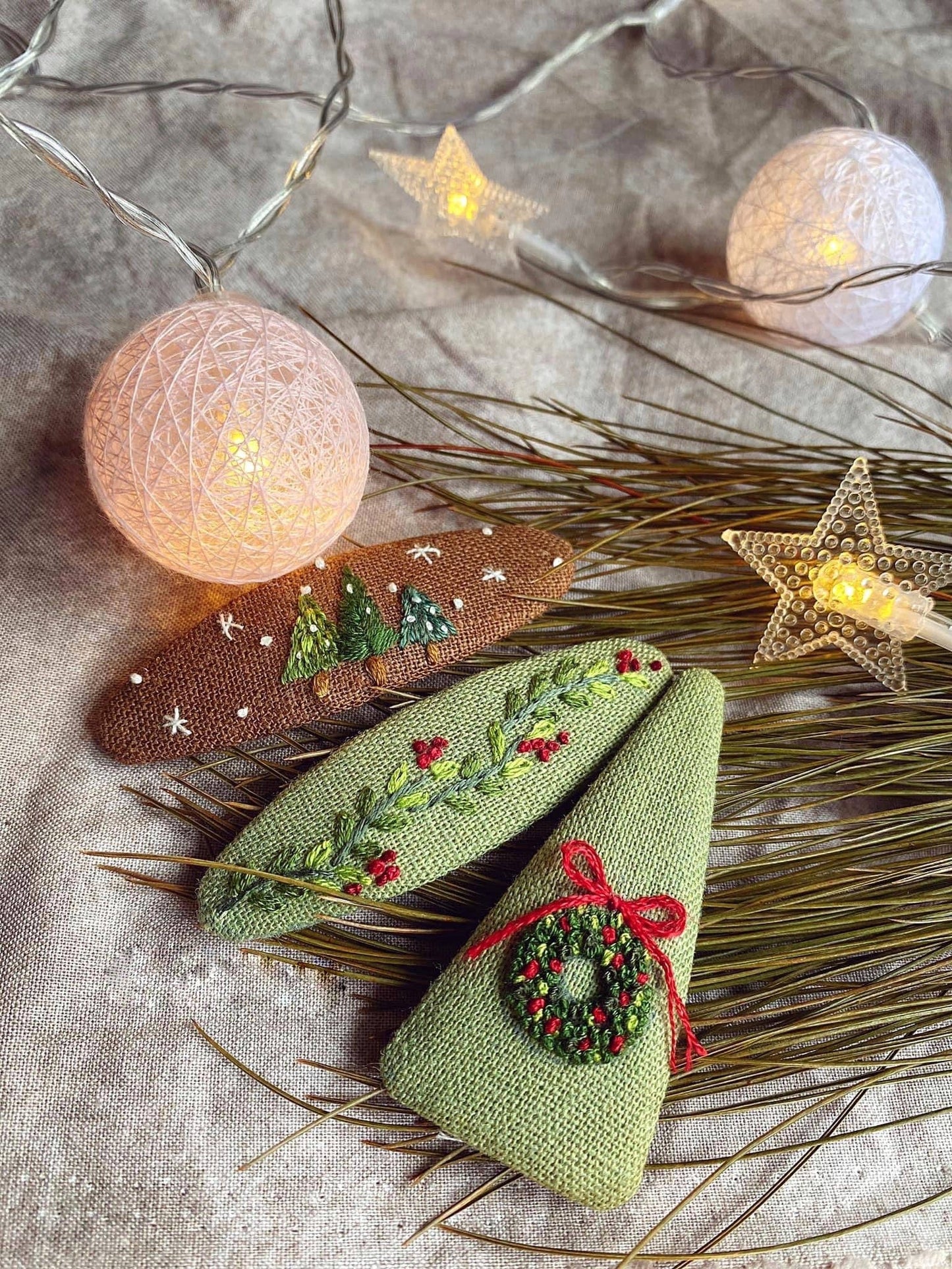 Wreath & Nuts Embroidered Hair Barrette, Christmas & Autumn