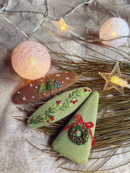 Wreath & Nuts Embroidered Hair Barrette, Christmas & Autumn