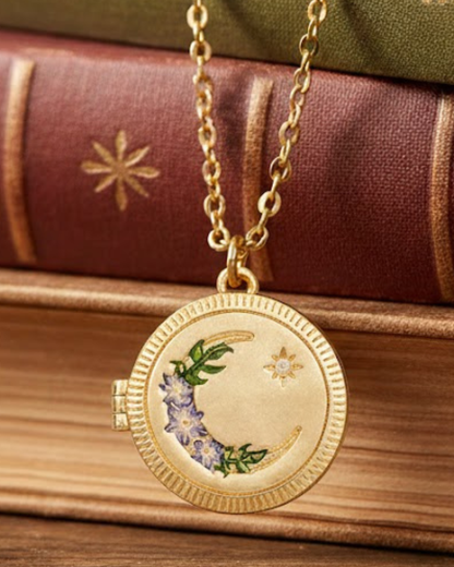 Nightshade Moon Round Gold Locket Chain Necklace