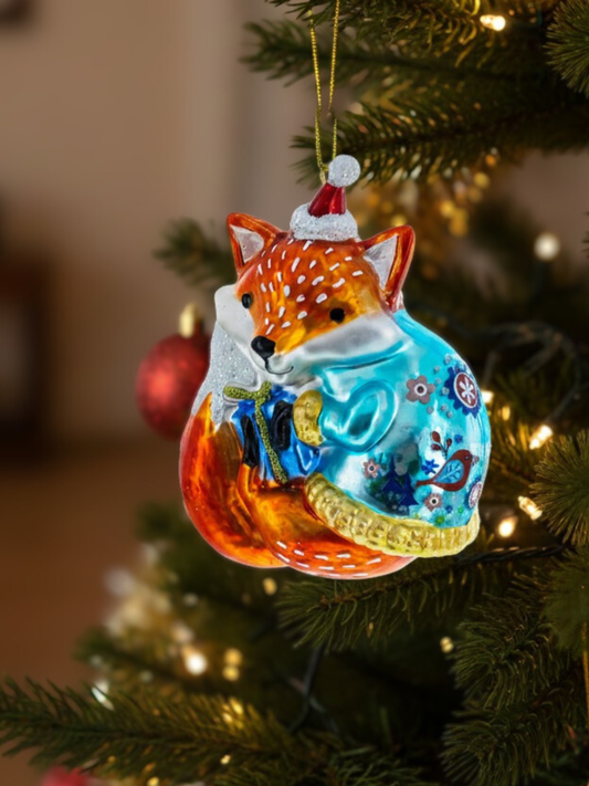 Fox with Gifts Glass Ornament