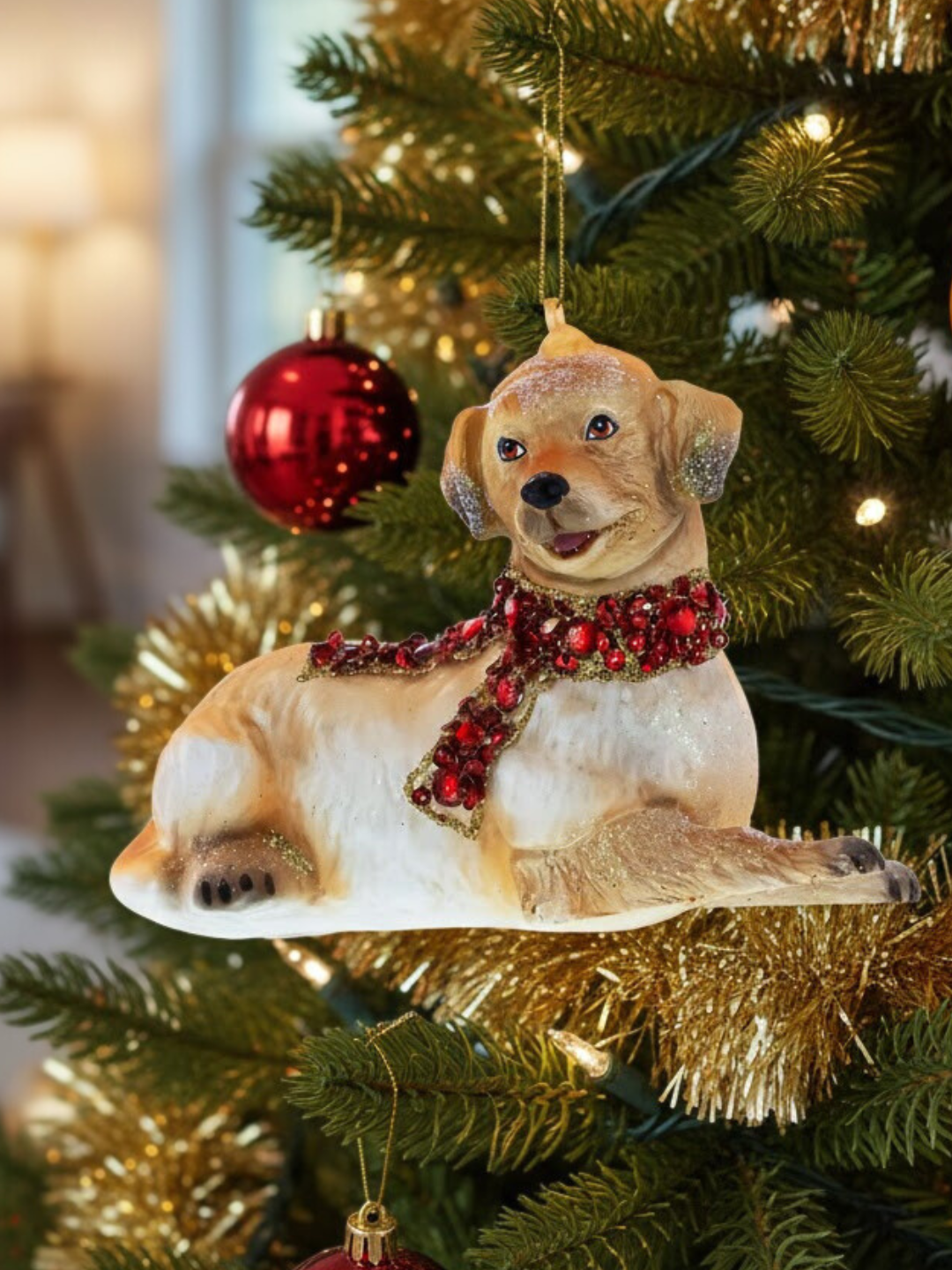 Golden Retriever with Jeweled Collar Glass Ornament