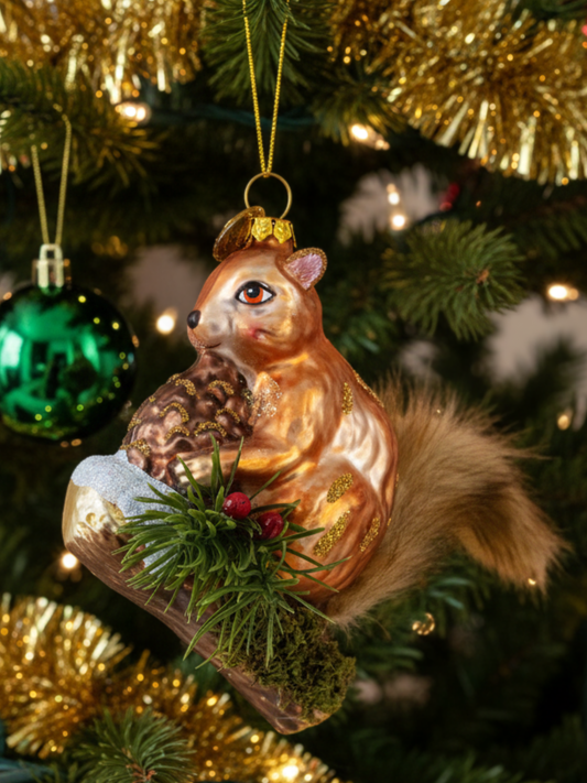Squirrel on a Branch Glass Christmas Ornament
