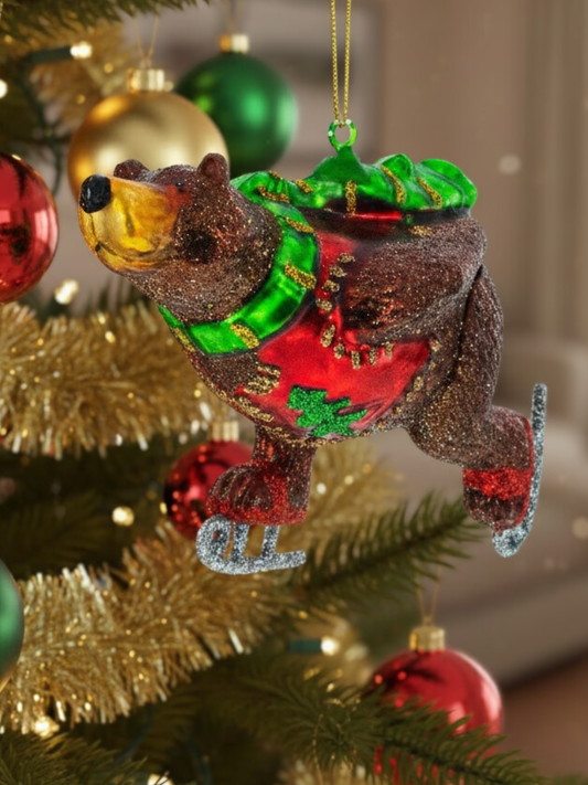 Skating Bear Glass Christmas Ornament