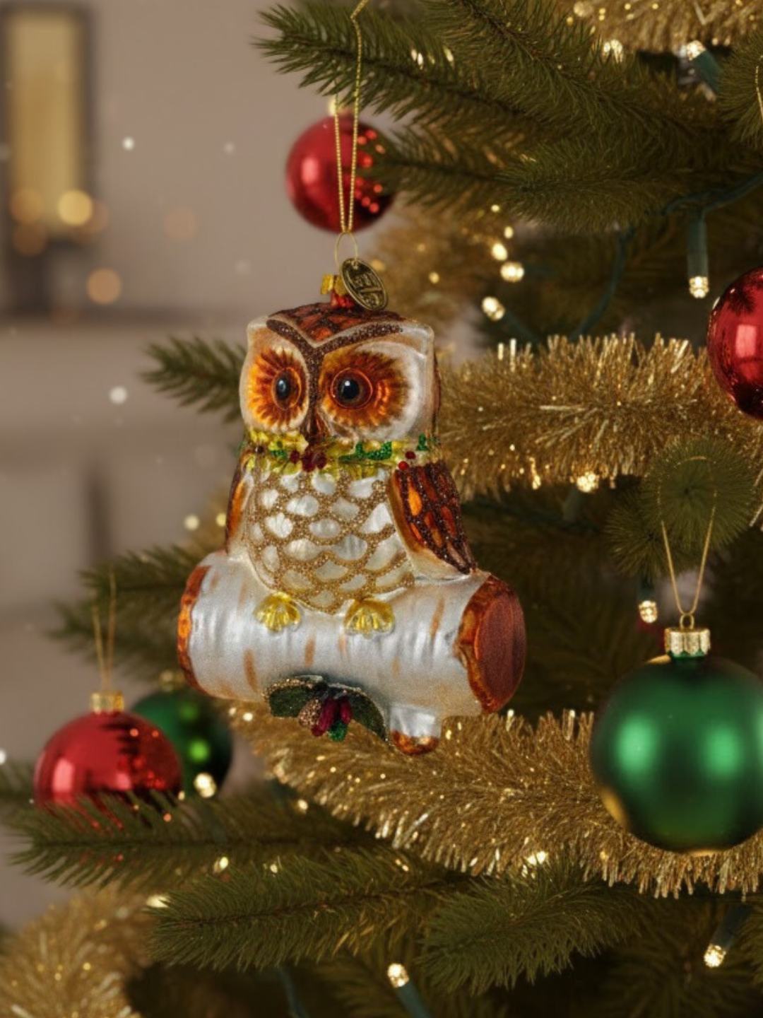 Wise Owl on Branch Glass Christmas Ornament