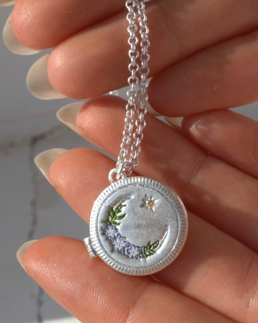 Nightshade Moon Round Silver Locket Chain Necklace