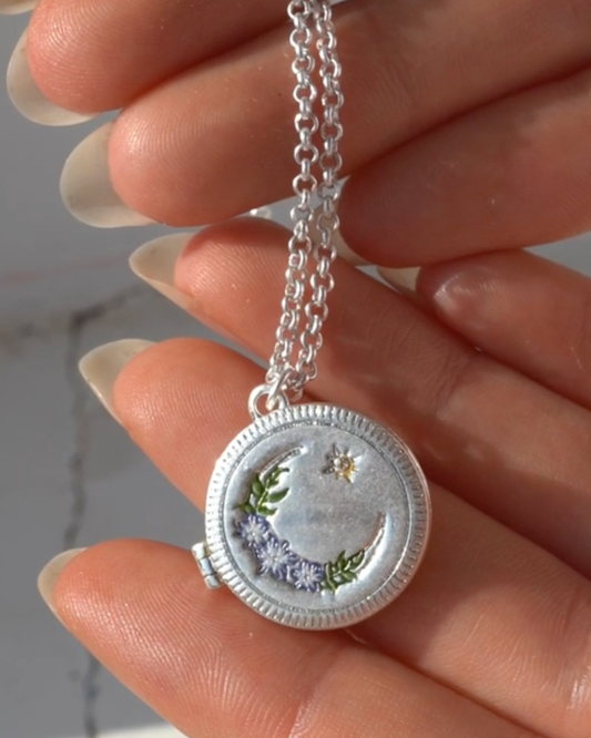 Nightshade Moon Round Silver Locket Chain Necklace